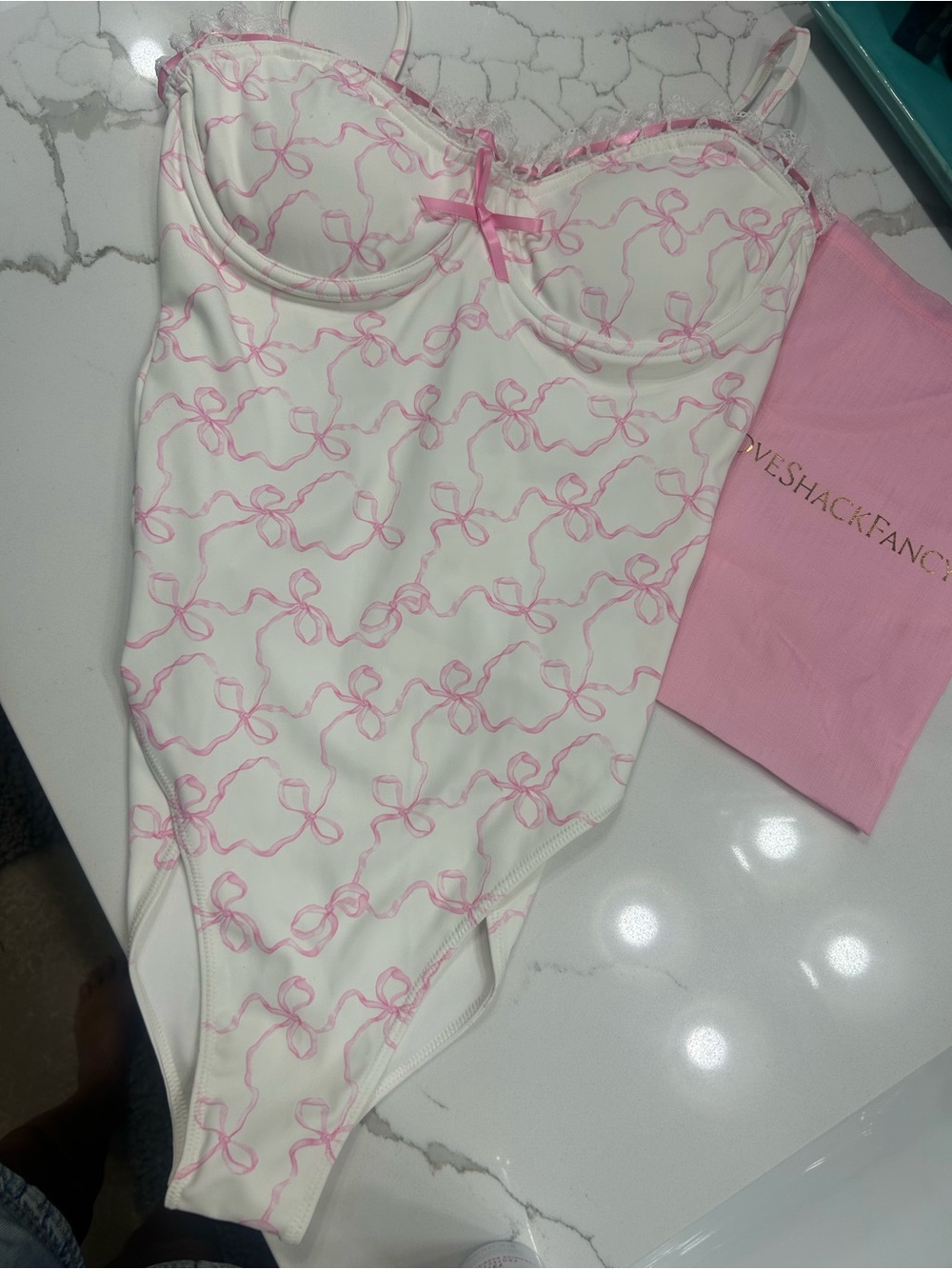 LoveShackFancy Ivory Bodysuit with Pink Bow Print